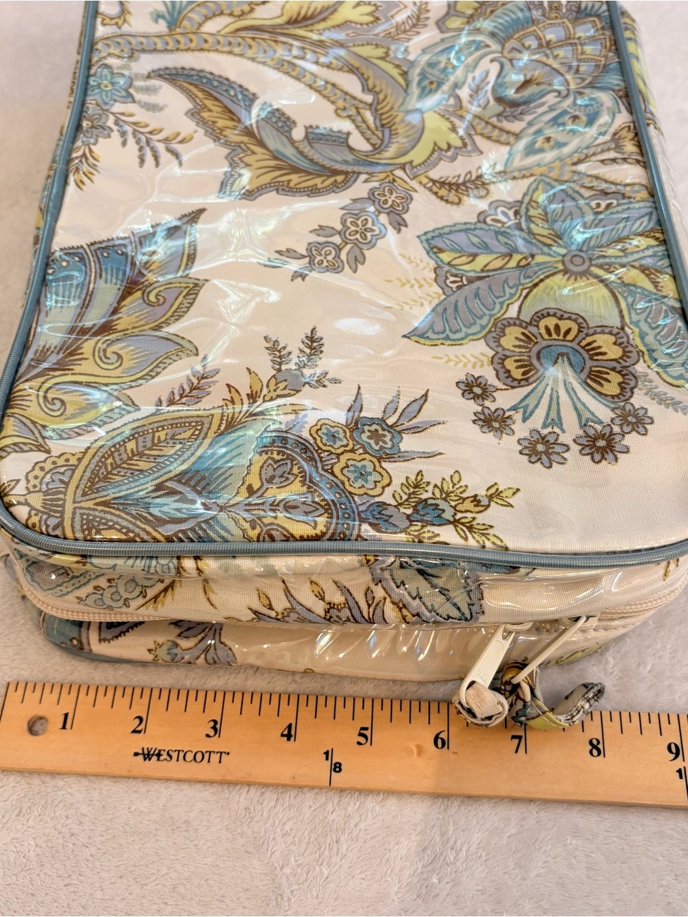 Pottery Barn Floral Tile Pattern Plastic Coated Cosmetic Case Cream Light Blue - Picture 11 of 12
